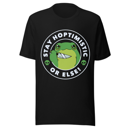 A green frog with a determined look stands beside the playful phrase “Stay Hoptimistic — Or Else”. A fun pun with a slightly chaotic twist, perfect for frog lovers and anyone who enjoys quirky, attitude-filled humor.
