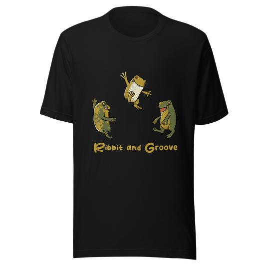 Three frogs dancing as if performing a ritual, with ‘Ribbit and Groove’ written below. A playful design that mixes humor and frogs. Perfect for frog lovers, music fans, and anyone who enjoys fun prints.