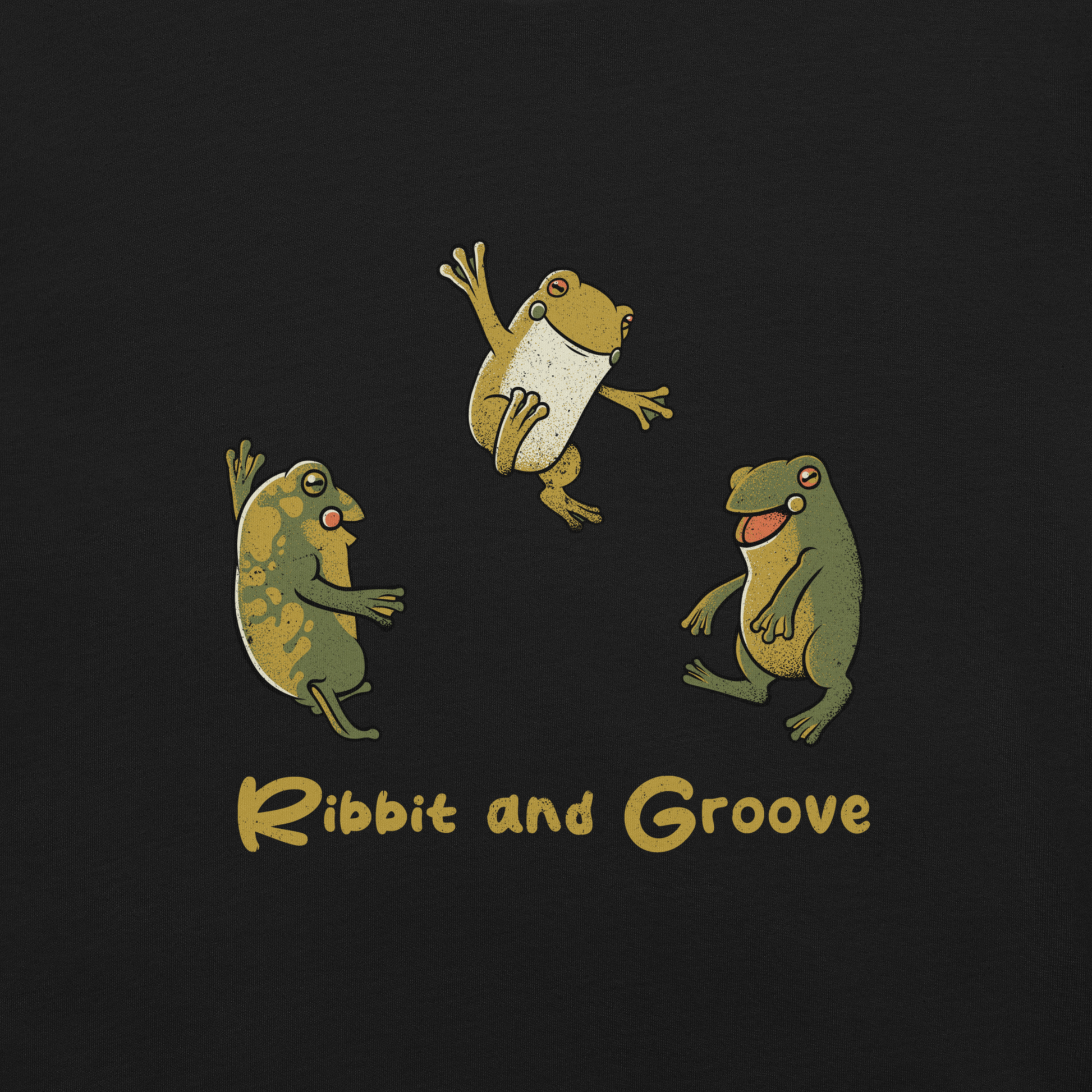 Three frogs dancing as if performing a ritual, with ‘Ribbit and Groove’ written below. A playful design that mixes humor and frogs. Perfect for frog lovers, music fans, and anyone who enjoys fun prints.