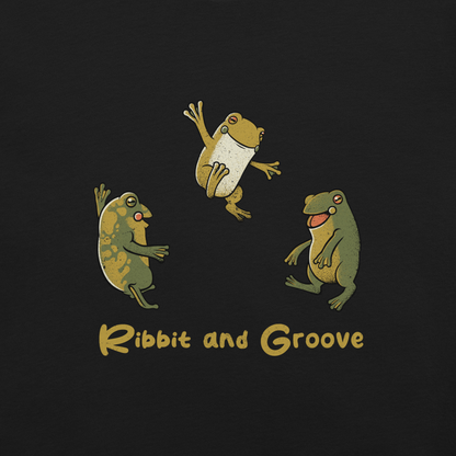 Three frogs dancing as if performing a ritual, with ‘Ribbit and Groove’ written below. A playful design that mixes humor and frogs. Perfect for frog lovers, music fans, and anyone who enjoys fun prints.