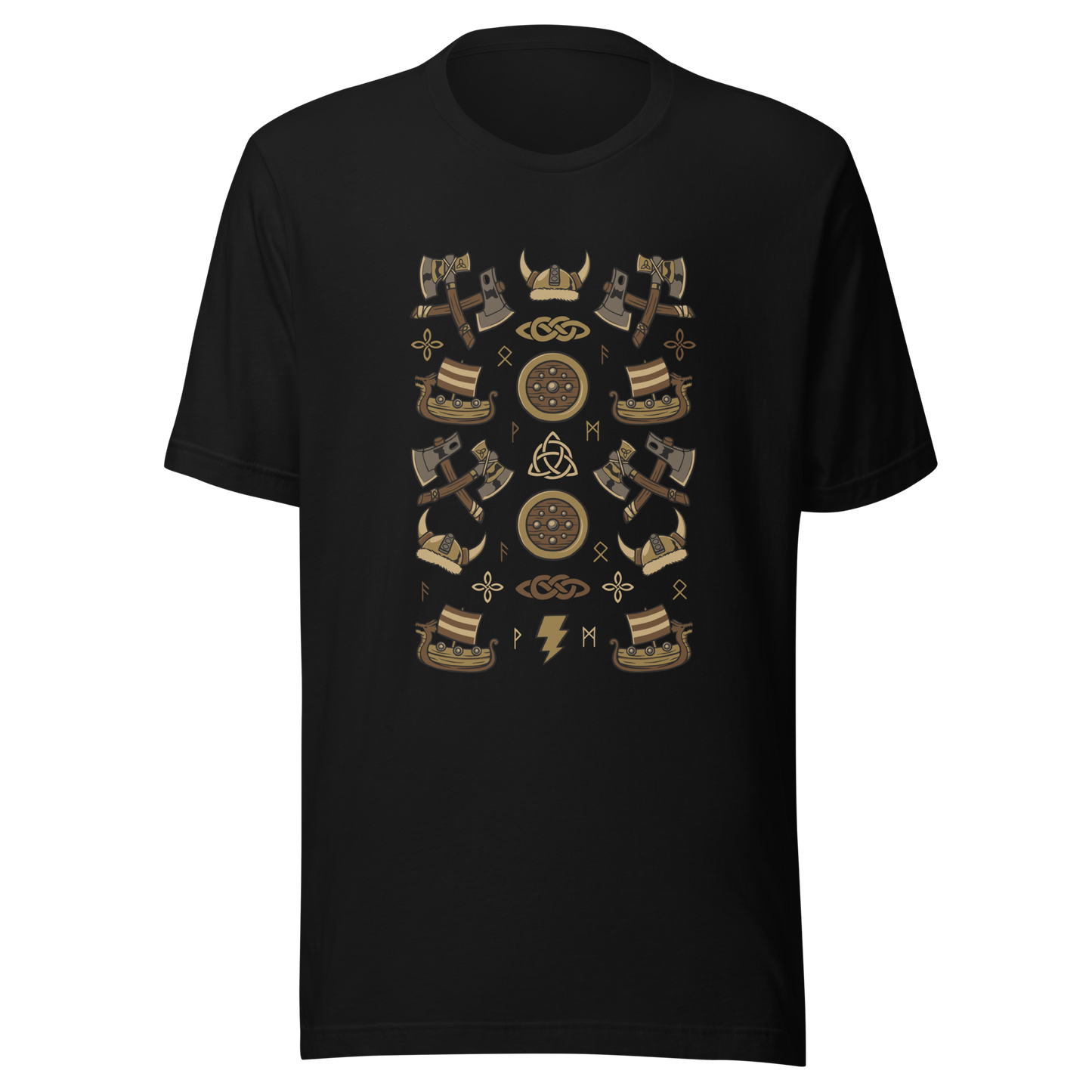 The artwork features a symmetrical illustration with axes, wooden shields, Viking helmets, longships, and runes in earthy tones on a dark background. Each element reinforces the classic Nordic aesthetic, blending iconic symbols with a detailed and super harmonious cartoon style. Perfect for fans of Viking culture, Norse mythology, RPGs, and anyone who loves prints with an epic and stylized vibe.