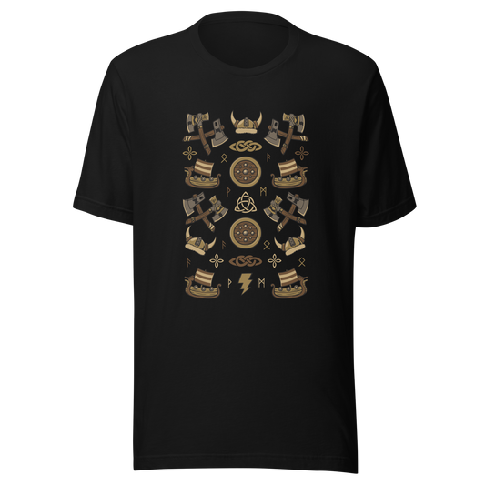 The artwork features a symmetrical illustration with axes, wooden shields, Viking helmets, longships, and runes in earthy tones on a dark background. Each element reinforces the classic Nordic aesthetic, blending iconic symbols with a detailed and super harmonious cartoon style. Perfect for fans of Viking culture, Norse mythology, RPGs, and anyone who loves prints with an epic and stylized vibe.