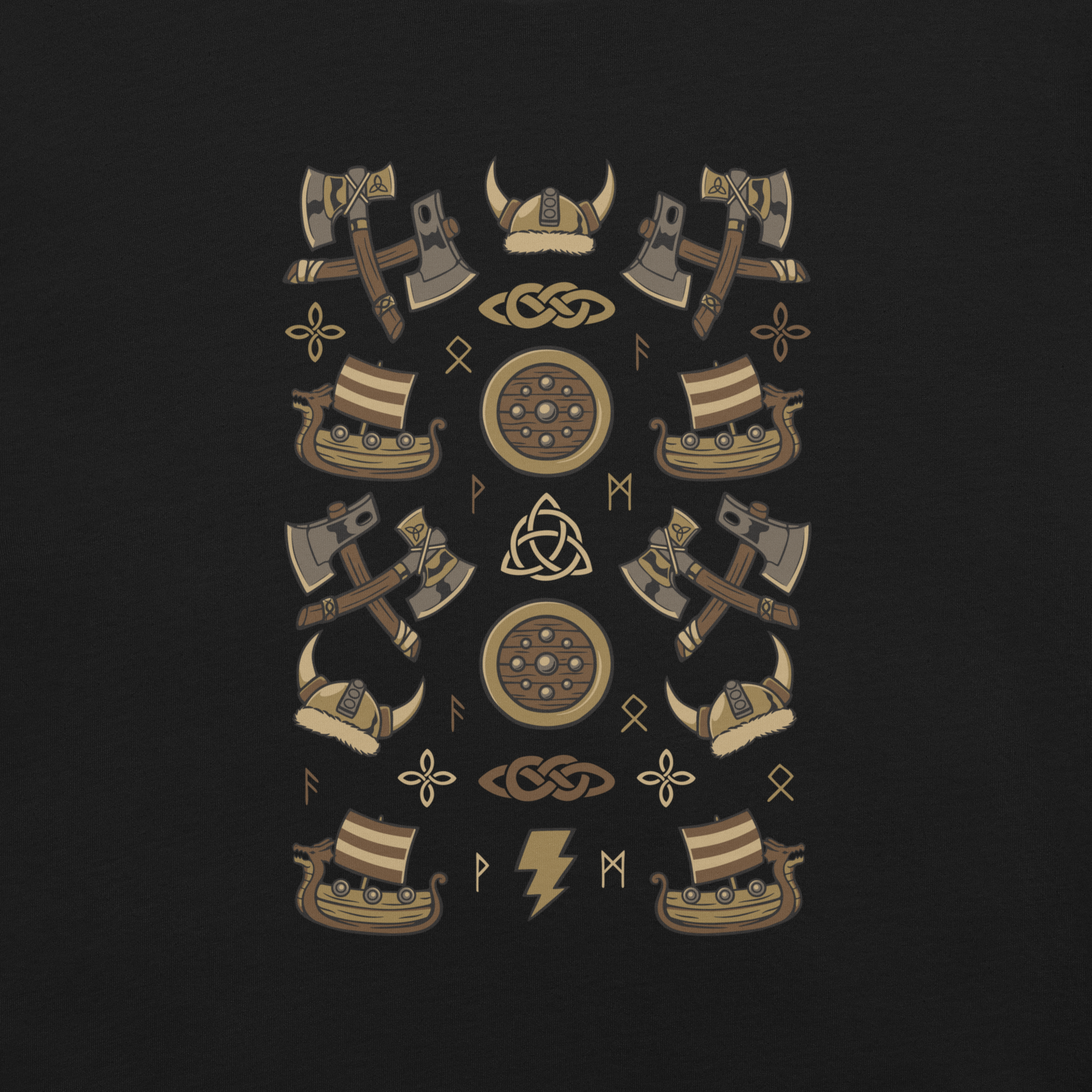 The artwork features a symmetrical illustration with axes, wooden shields, Viking helmets, longships, and runes in earthy tones on a dark background. Each element reinforces the classic Nordic aesthetic, blending iconic symbols with a detailed and super harmonious cartoon style. Perfect for fans of Viking culture, Norse mythology, RPGs, and anyone who loves prints with an epic and stylized vibe.