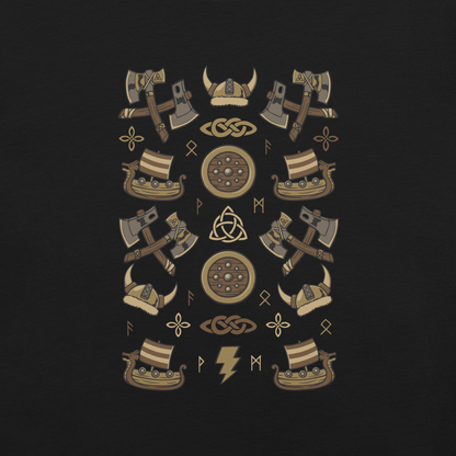 The artwork features a symmetrical illustration with axes, wooden shields, Viking helmets, longships, and runes in earthy tones on a dark background. Each element reinforces the classic Nordic aesthetic, blending iconic symbols with a detailed and super harmonious cartoon style. Perfect for fans of Viking culture, Norse mythology, RPGs, and anyone who loves prints with an epic and stylized vibe.