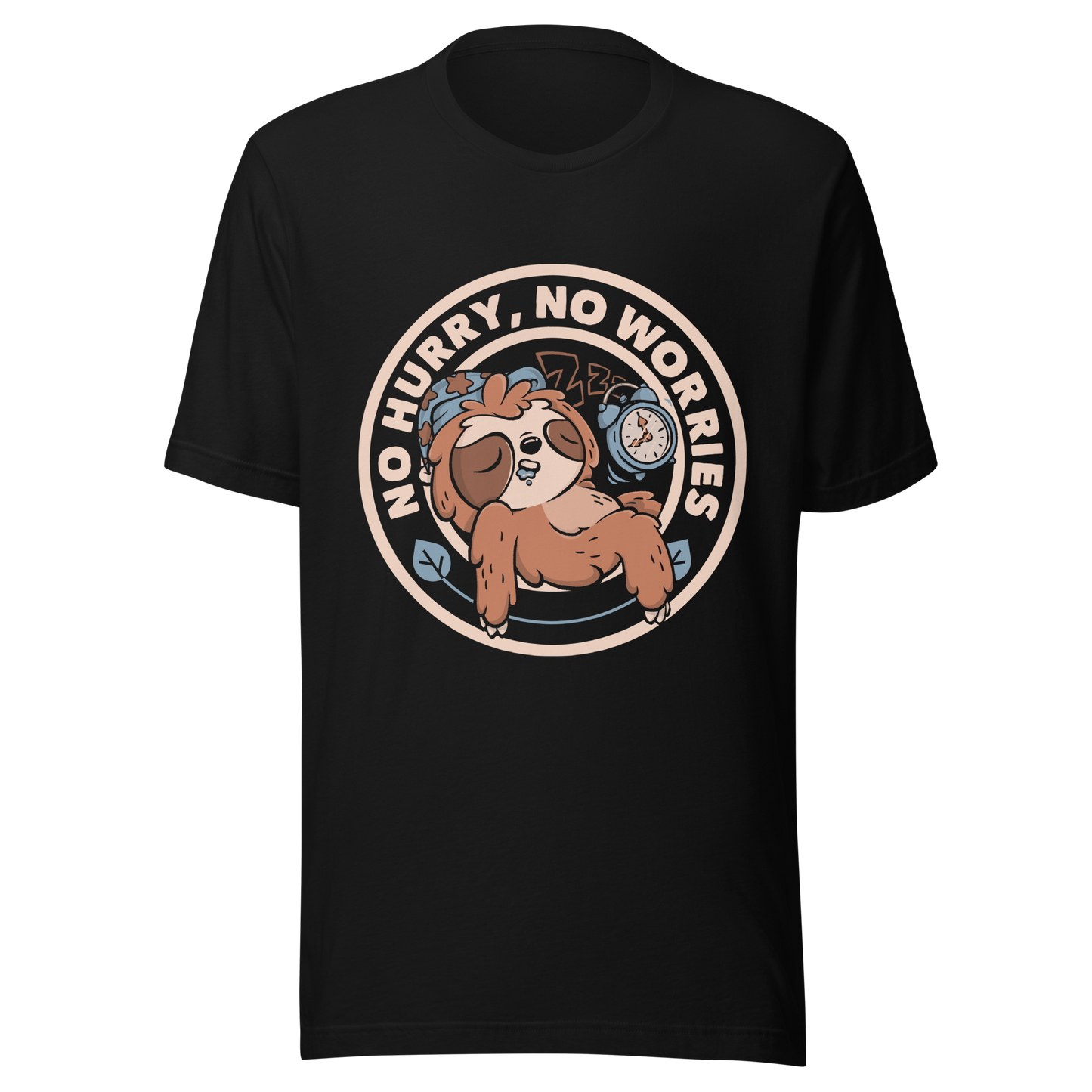 This cute artwork features a sleepy sloth wearing a sleeping cap with an alarm clock next to it and the phrase "no hurry, no worries" around it. This design celebrates the pleasure of slowing down and living without haste. Perfect for those who love light vibes, lazy humor, and prints that embrace a tired soul.