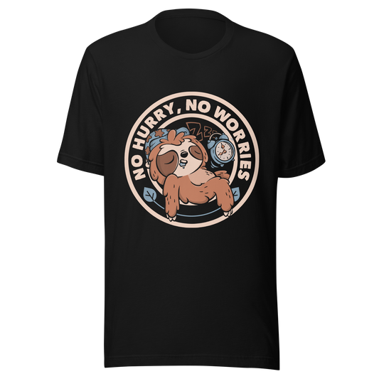 This cute artwork features a sleepy sloth wearing a sleeping cap with an alarm clock next to it and the phrase "no hurry, no worries" around it. This design celebrates the pleasure of slowing down and living without haste. Perfect for those who love light vibes, lazy humor, and prints that embrace a tired soul.