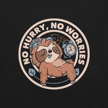 This cute artwork features a sleepy sloth wearing a sleeping cap with an alarm clock next to it and the phrase "no hurry, no worries" around it. This design celebrates the pleasure of slowing down and living without haste. Perfect for those who love light vibes, lazy humor, and prints that embrace a tired soul.