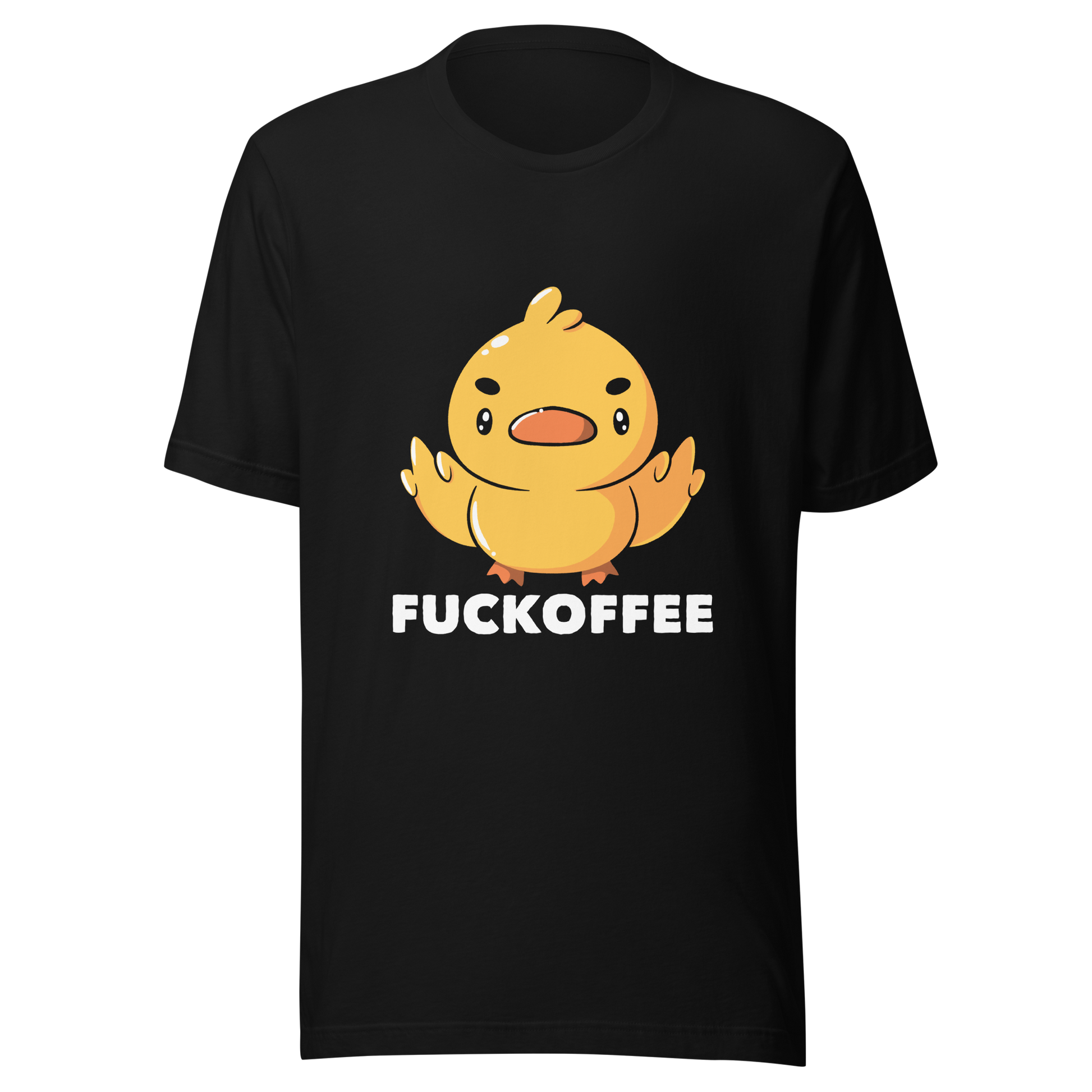 A cute yellow duckling with a mean face showing his middle fingers, next to it the phrase "Fuckoffee". An art with humor for those who love ducks.