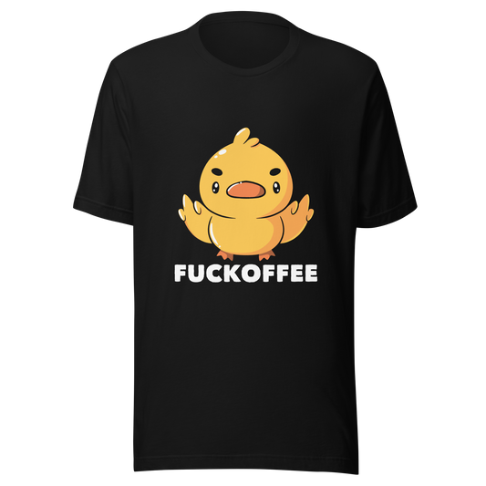 A cute yellow duckling with a mean face showing his middle fingers, next to it the phrase "Fuckoffee". An art with humor for those who love ducks.