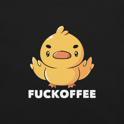 A cute yellow duckling with a mean face showing his middle fingers, next to it the phrase "Fuckoffee". An art with humor for those who love ducks.