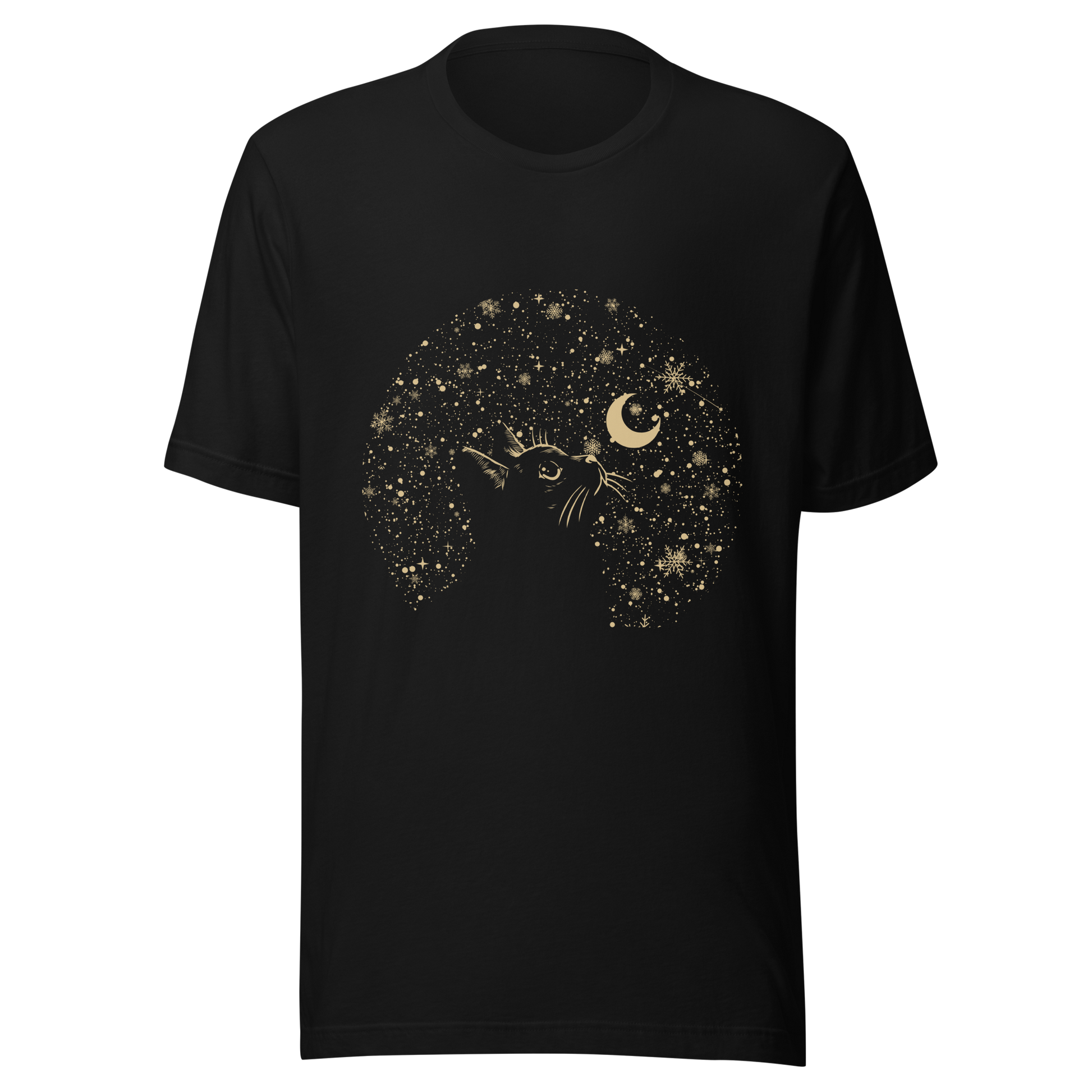 A minimalist artwork featuring a kitten in profile, gazing at the crescent moon on a quiet, moonlit night. A poetic piece, perfect for those who love cats and a slightly melancholic winter atmosphere.