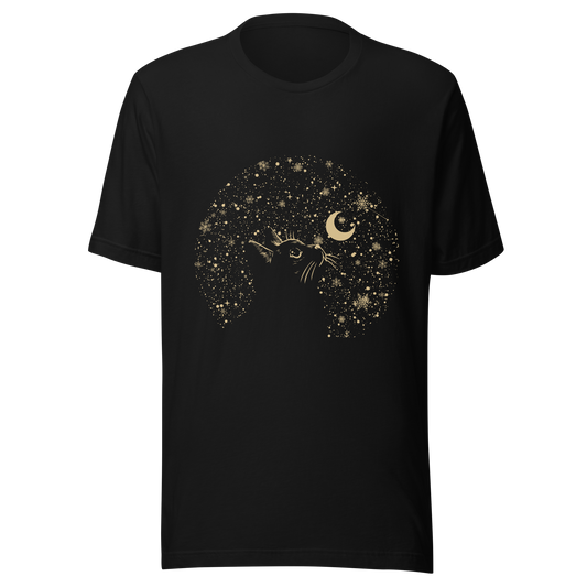 A minimalist artwork featuring a kitten in profile, gazing at the crescent moon on a quiet, moonlit night. A poetic piece, perfect for those who love cats and a slightly melancholic winter atmosphere.