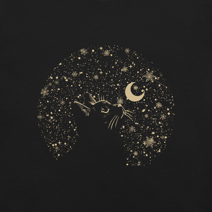 A minimalist artwork featuring a kitten in profile, gazing at the crescent moon on a quiet, moonlit night. A poetic piece, perfect for those who love cats and a slightly melancholic winter atmosphere.