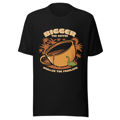 A giant retro-style coffee cup, with a little dinosaur strolling around and palm trees in the background. This design plays on the phrase "Bigger the coffee, smaller the problems," creating a cute and humorous scene about morning survival. Perfect for coffee lovers, dinosaur fans, and those who enjoy fun art.