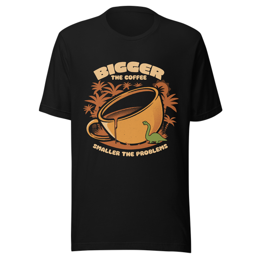 A giant retro-style coffee cup, with a little dinosaur strolling around and palm trees in the background. This design plays on the phrase "Bigger the coffee, smaller the problems," creating a cute and humorous scene about morning survival. Perfect for coffee lovers, dinosaur fans, and those who enjoy fun art.