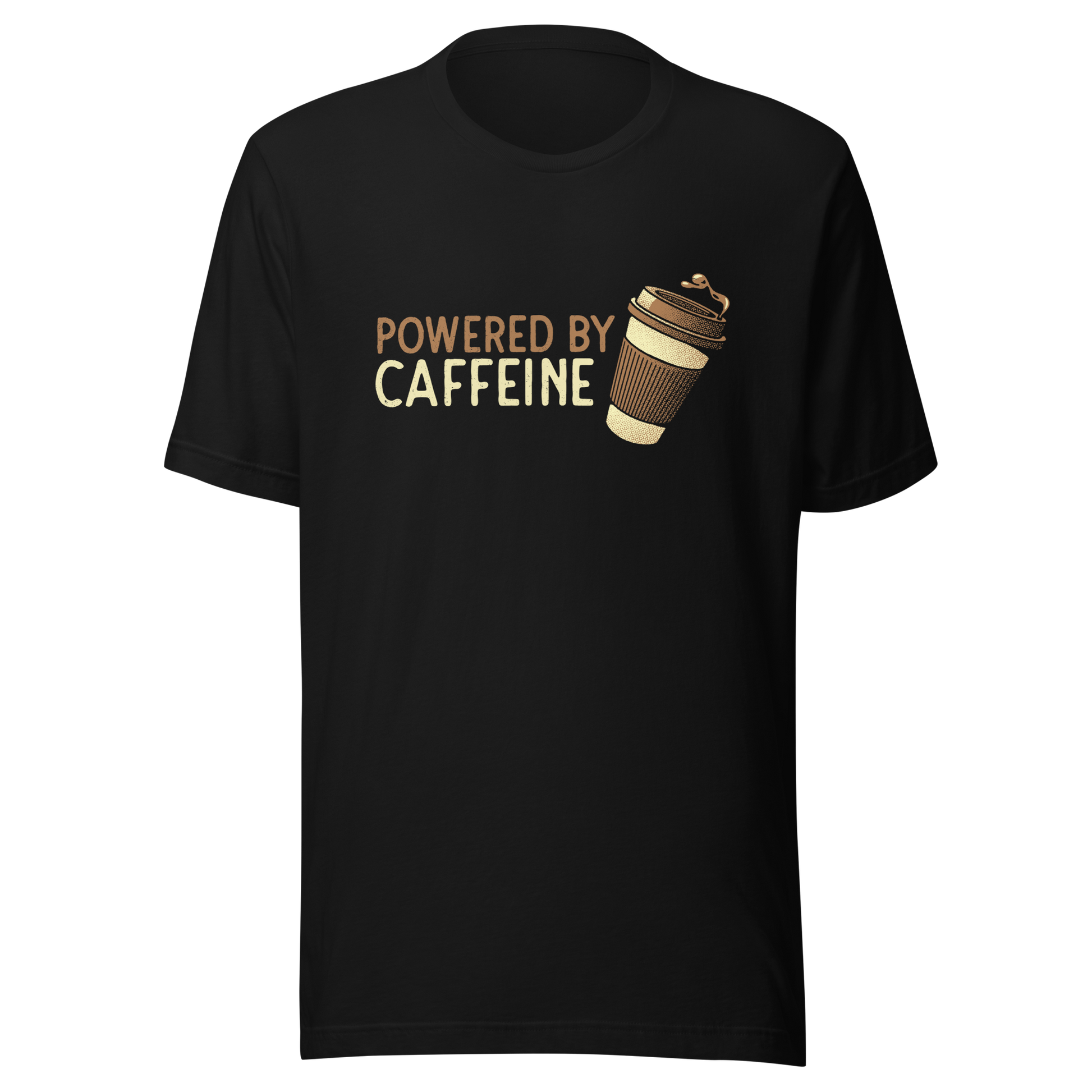 A steaming coffee cup tilts playfully beside the phrase “Powered by Caffeine,” written in bold, vintage-style lettering. This design perfectly captures the spirit of those who run entirely on coffee and determination. Ideal for caffeine lovers, coffee addicts and anyone who can’t start the day without their favorite brew.
