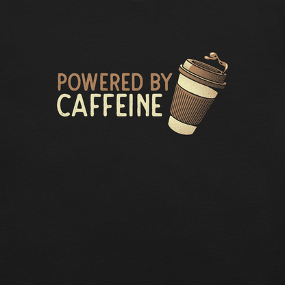 A steaming coffee cup tilts playfully beside the phrase “Powered by Caffeine,” written in bold, vintage-style lettering. This design perfectly captures the spirit of those who run entirely on coffee and determination. Ideal for caffeine lovers, coffee addicts and anyone who can’t start the day without their favorite brew.