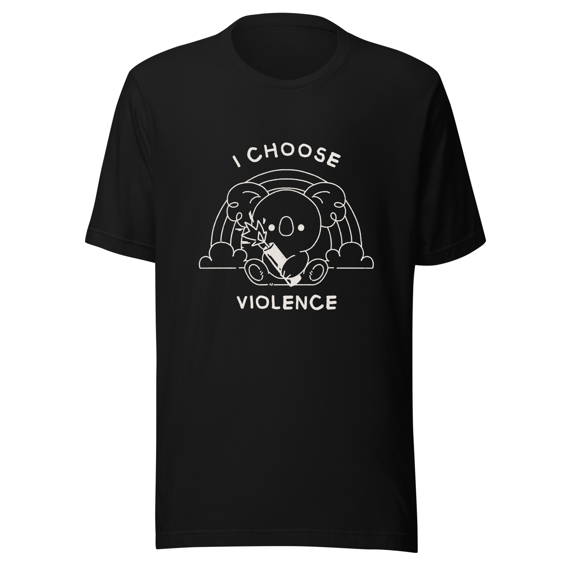 An adorable koala holding a stick of dynamite in front of a rainbow, paired with the phrase ‘I Choose Violence’. A playful mix of cuteness and dark irony, perfect for anyone who loves chaotic humor and bold, irreverent designs.