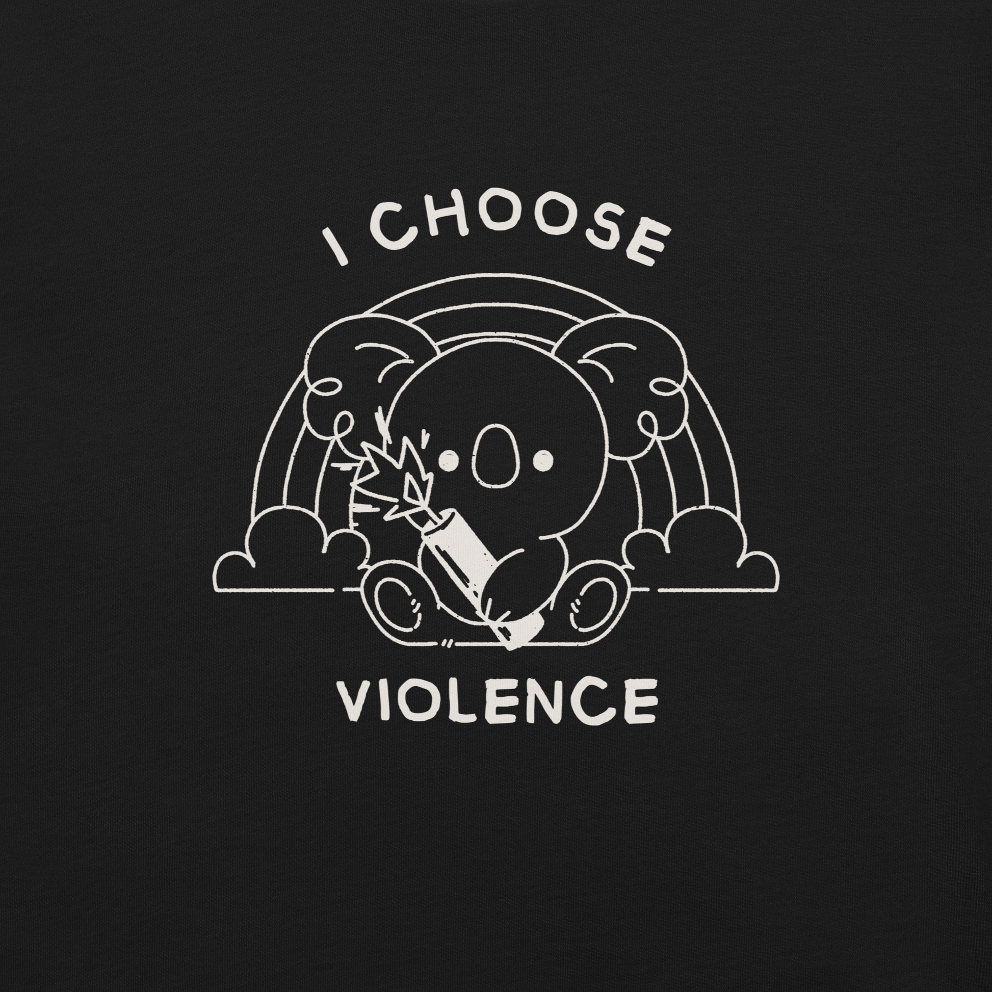 An adorable koala holding a stick of dynamite in front of a rainbow, paired with the phrase ‘I Choose Violence’. A playful mix of cuteness and dark irony, perfect for anyone who loves chaotic humor and bold, irreverent designs.