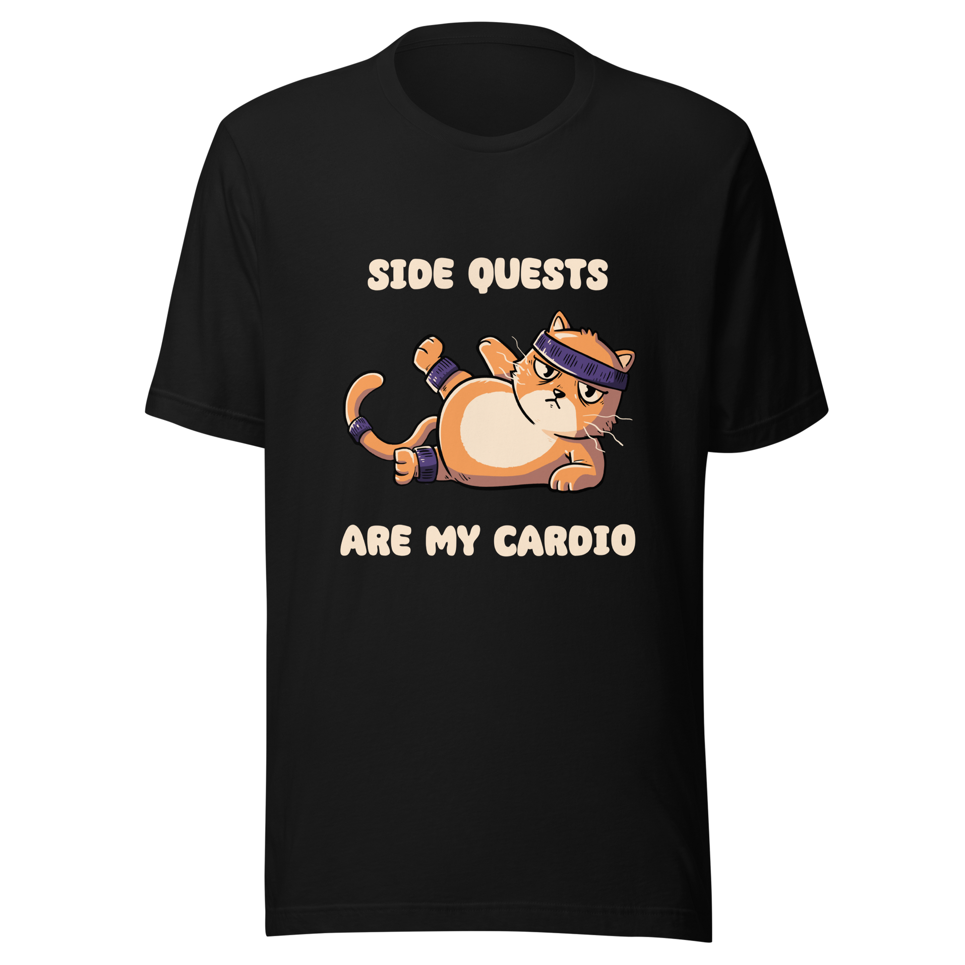 An orange kitten in gym clothes doing an aerobic workout, paired with the phrase ‘Side Quests Are My Cardio Gym Cat’. A humorous design that mixes cats, gaming vibes and fitness irony, perfect for those who prefer playful side quests over serious workouts.