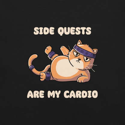 An orange kitten in gym clothes doing an aerobic workout, paired with the phrase ‘Side Quests Are My Cardio Gym Cat’. A humorous design that mixes cats, gaming vibes and fitness irony, perfect for those who prefer playful side quests over serious workouts.