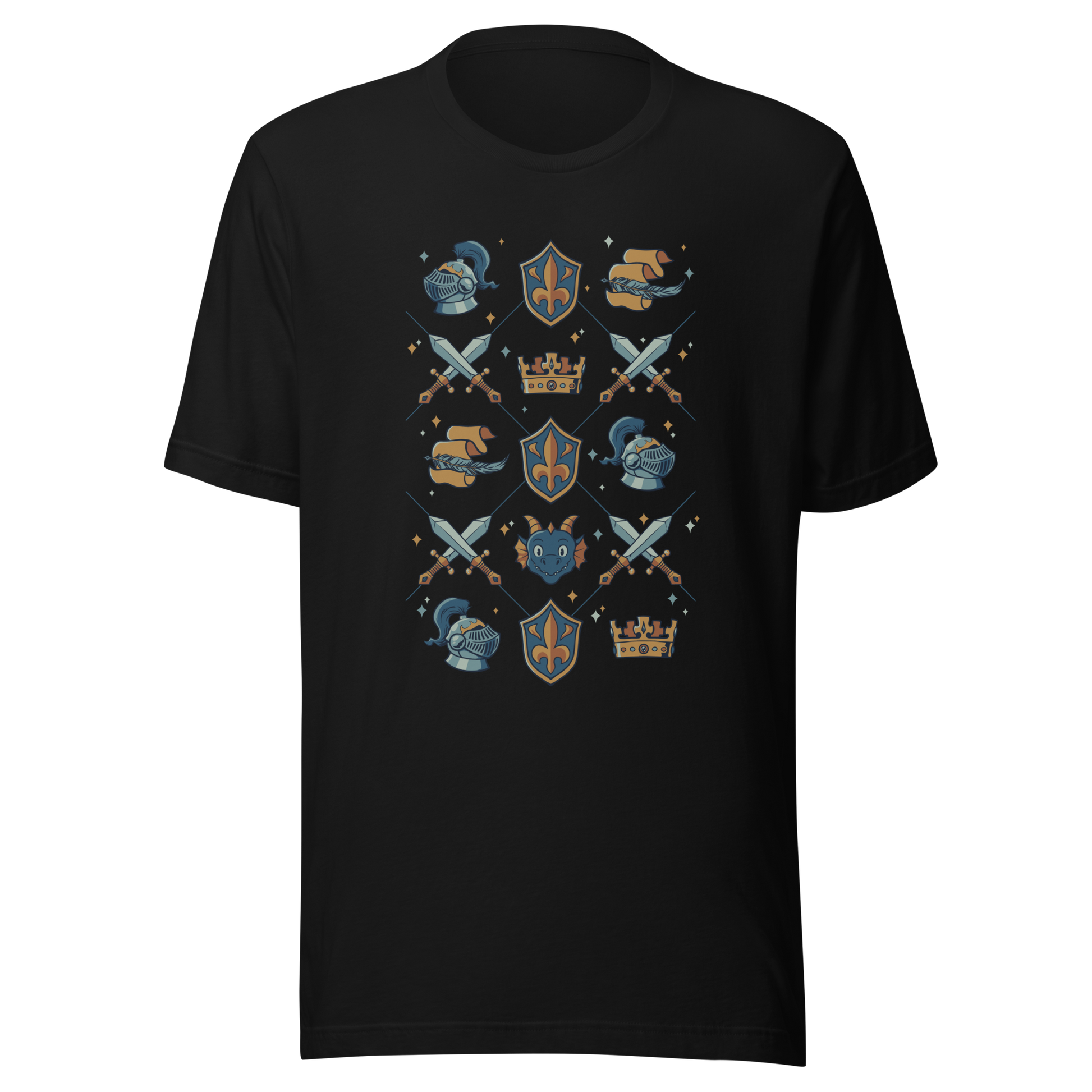 The artwork features swords, knight's helmets, crowns and dragons. Blending medieval fantasy with classic symbols of bravery, royalty, and magic, creating a strong and elegant composition. Ideal for fans of epic fantasy, knights, dragons, and anyone who loves prints with a heroic and stylish vibe.