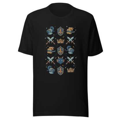 The artwork features swords, knight's helmets, crowns and dragons. Blending medieval fantasy with classic symbols of bravery, royalty, and magic, creating a strong and elegant composition. Ideal for fans of epic fantasy, knights, dragons, and anyone who loves prints with a heroic and stylish vibe.