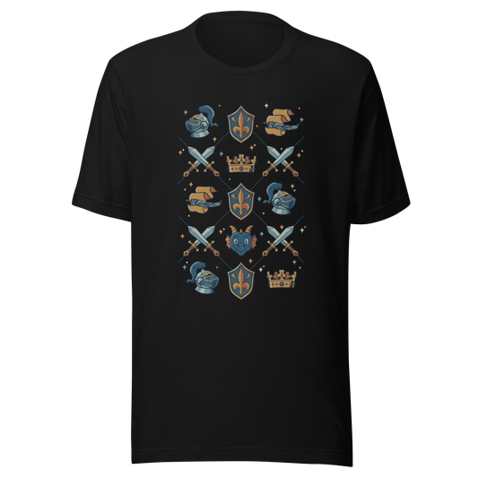 The artwork features swords, knight's helmets, crowns and dragons. Blending medieval fantasy with classic symbols of bravery, royalty, and magic, creating a strong and elegant composition. Ideal for fans of epic fantasy, knights, dragons, and anyone who loves prints with a heroic and stylish vibe.