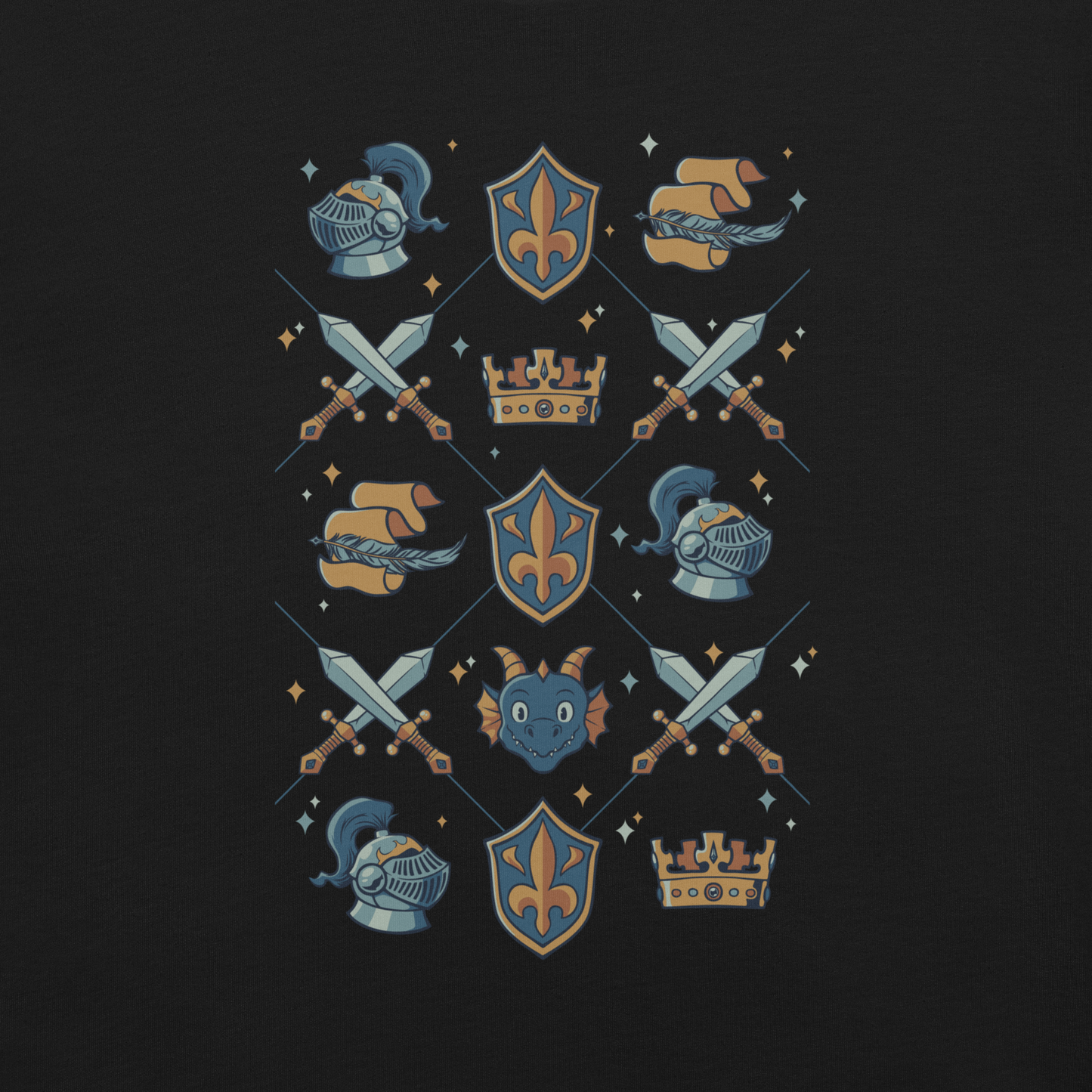 The artwork features swords, knight's helmets, crowns and dragons. Blending medieval fantasy with classic symbols of bravery, royalty, and magic, creating a strong and elegant composition. Ideal for fans of epic fantasy, knights, dragons, and anyone who loves prints with a heroic and stylish vibe.