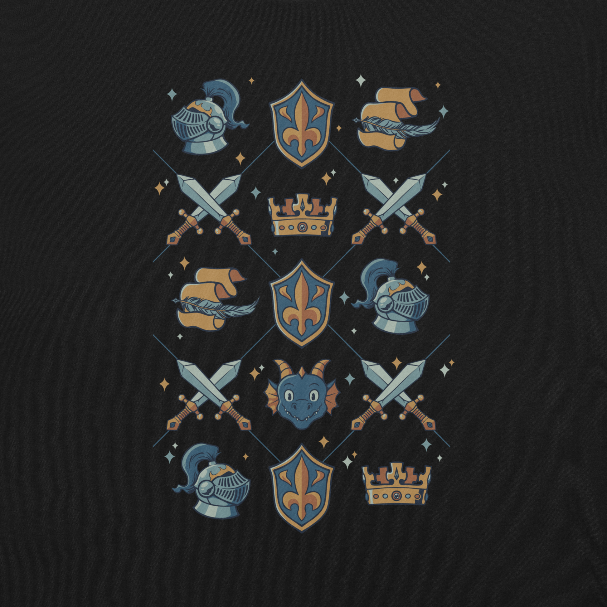 The artwork features swords, knight's helmets, crowns and dragons. Blending medieval fantasy with classic symbols of bravery, royalty, and magic, creating a strong and elegant composition. Ideal for fans of epic fantasy, knights, dragons, and anyone who loves prints with a heroic and stylish vibe.