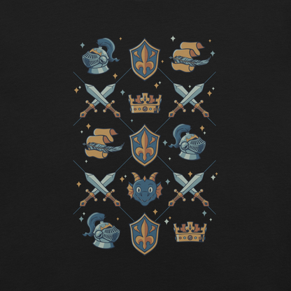 The artwork features swords, knight's helmets, crowns and dragons. Blending medieval fantasy with classic symbols of bravery, royalty, and magic, creating a strong and elegant composition. Ideal for fans of epic fantasy, knights, dragons, and anyone who loves prints with a heroic and stylish vibe.