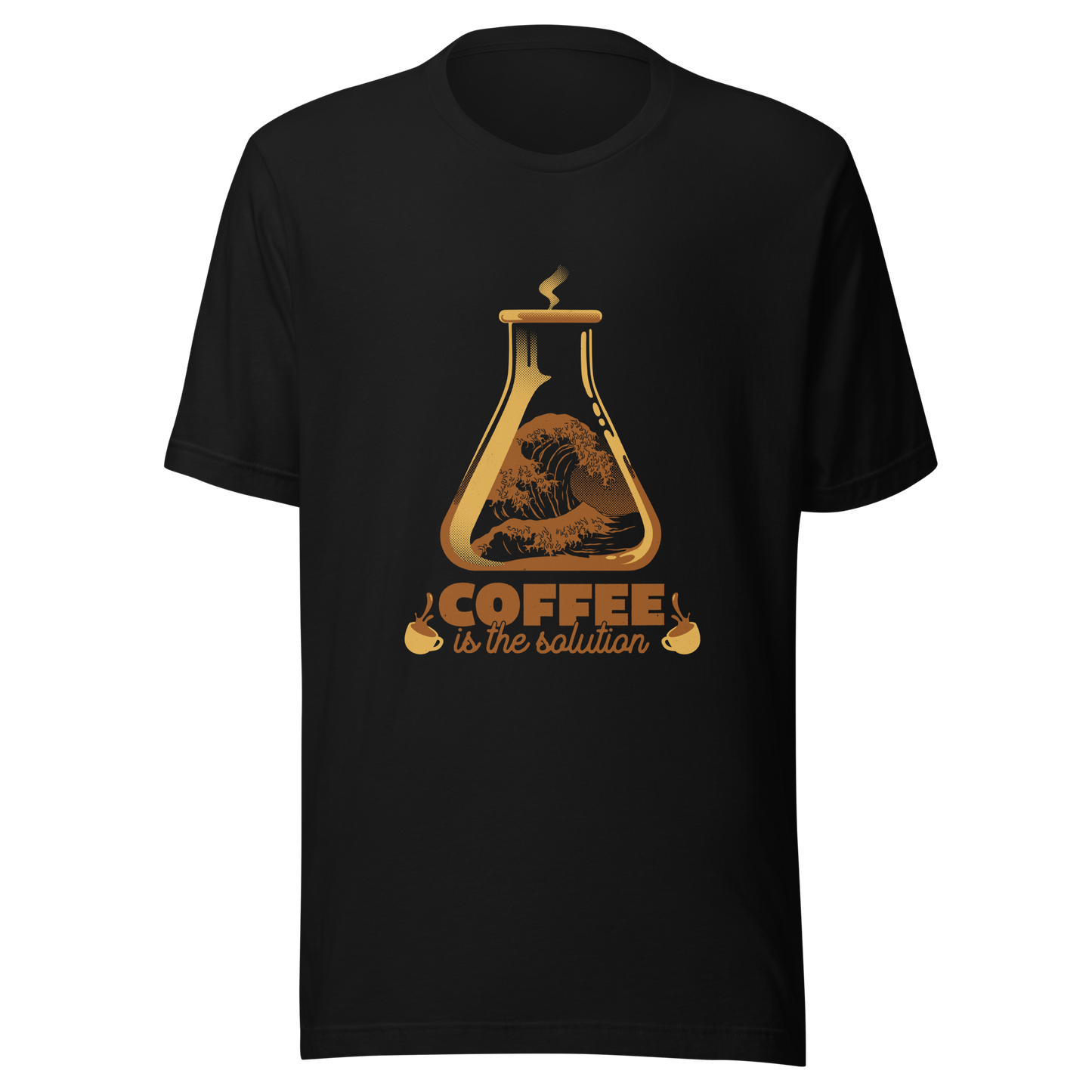 A stylized laboratory flask holding a powerful ocean wave, paired with bold retro typography reading ‘Coffee is the solution’. A playful design that blends science, humor, and coffee culture, perfect for coffee lovers, scientists, students, and anyone who believes caffeine solves most daily problems.