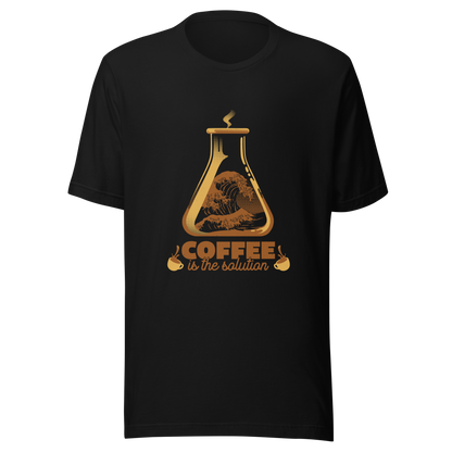 A stylized laboratory flask holding a powerful ocean wave, paired with bold retro typography reading ‘Coffee is the solution’. A playful design that blends science, humor, and coffee culture, perfect for coffee lovers, scientists, students, and anyone who believes caffeine solves most daily problems.