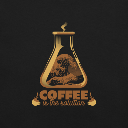 A stylized laboratory flask holding a powerful ocean wave, paired with bold retro typography reading ‘Coffee is the solution’. A playful design that blends science, humor, and coffee culture, perfect for coffee lovers, scientists, students, and anyone who believes caffeine solves most daily problems.