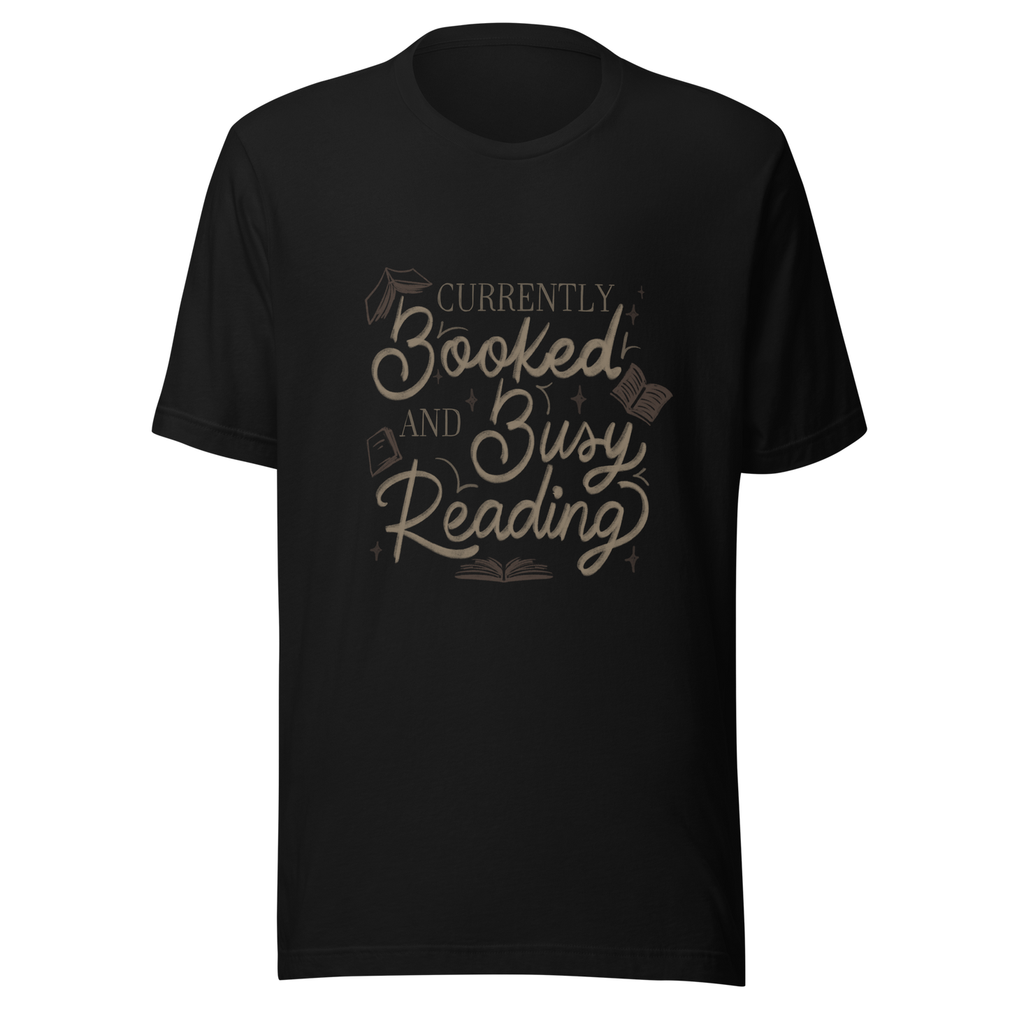 A warm hand-lettered typography featuring the phrase ‘Currently Booked and Busy Reading’, accented with delicate book illustrations and subtle sparkles on a dark background. A cozy, elegant design that celebrates the joy of reading, perfect for book lovers, students, introverts, and anyone who would rather be reading.