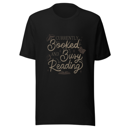 A warm hand-lettered typography featuring the phrase ‘Currently Booked and Busy Reading’, accented with delicate book illustrations and subtle sparkles on a dark background. A cozy, elegant design that celebrates the joy of reading, perfect for book lovers, students, introverts, and anyone who would rather be reading.