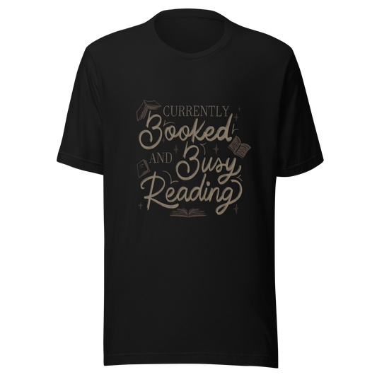 A warm hand-lettered typography featuring the phrase ‘Currently Booked and Busy Reading’, accented with delicate book illustrations and subtle sparkles on a dark background. A cozy, elegant design that celebrates the joy of reading, perfect for book lovers, students, introverts, and anyone who would rather be reading.