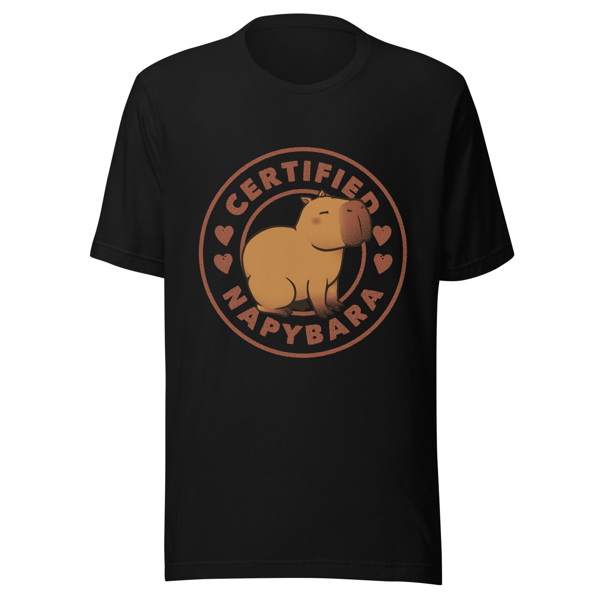An art piece in warm beige and brown tones featuring a relaxed, sleepy capybara sitting peacefully beside the phrase “Certified Napybara”. A cozy, humorous design perfect for anyone who relates to slow days, loves capybaras, and fully embraces the art of taking naps.
