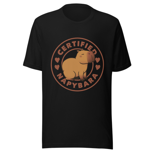 An art piece in warm beige and brown tones featuring a relaxed, sleepy capybara sitting peacefully beside the phrase “Certified Napybara”. A cozy, humorous design perfect for anyone who relates to slow days, loves capybaras, and fully embraces the art of taking naps.