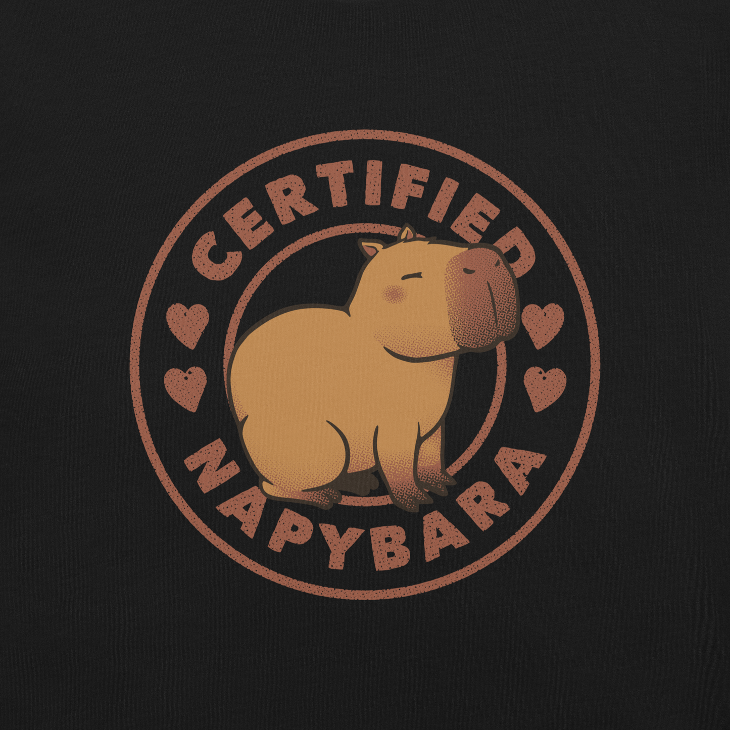 An art piece in warm beige and brown tones featuring a relaxed, sleepy capybara sitting peacefully beside the phrase “Certified Napybara”. A cozy, humorous design perfect for anyone who relates to slow days, loves capybaras, and fully embraces the art of taking naps.