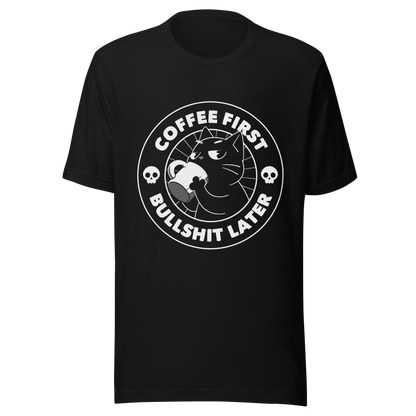 A black cat enjoys a hot cup of coffee, surrounded by the phrase “Coffee First Bullshit Later” adorned with skulls. This design combines dark humor with a touch of humor, perfect for those who face the day with equal doses of coffee and sarcasm. Made for lovers of felines, sarcasm and that extra dose of morning caffeine.