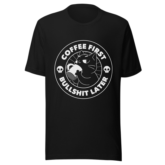 A black cat enjoys a hot cup of coffee, surrounded by the phrase “Coffee First Bullshit Later” adorned with skulls. This design combines dark humor with a touch of humor, perfect for those who face the day with equal doses of coffee and sarcasm. Made for lovers of felines, sarcasm and that extra dose of morning caffeine.