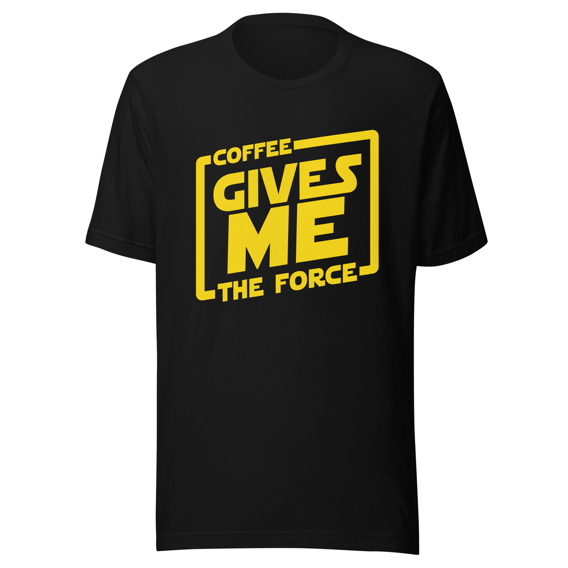 An artwork in yellow inspired by classic space adventure movies, featuring the phrase “Coffee Gives Me The Force”. A fun design for coffee lovers, sci-fi fans and anyone powered by caffeine and galaxy vibes.