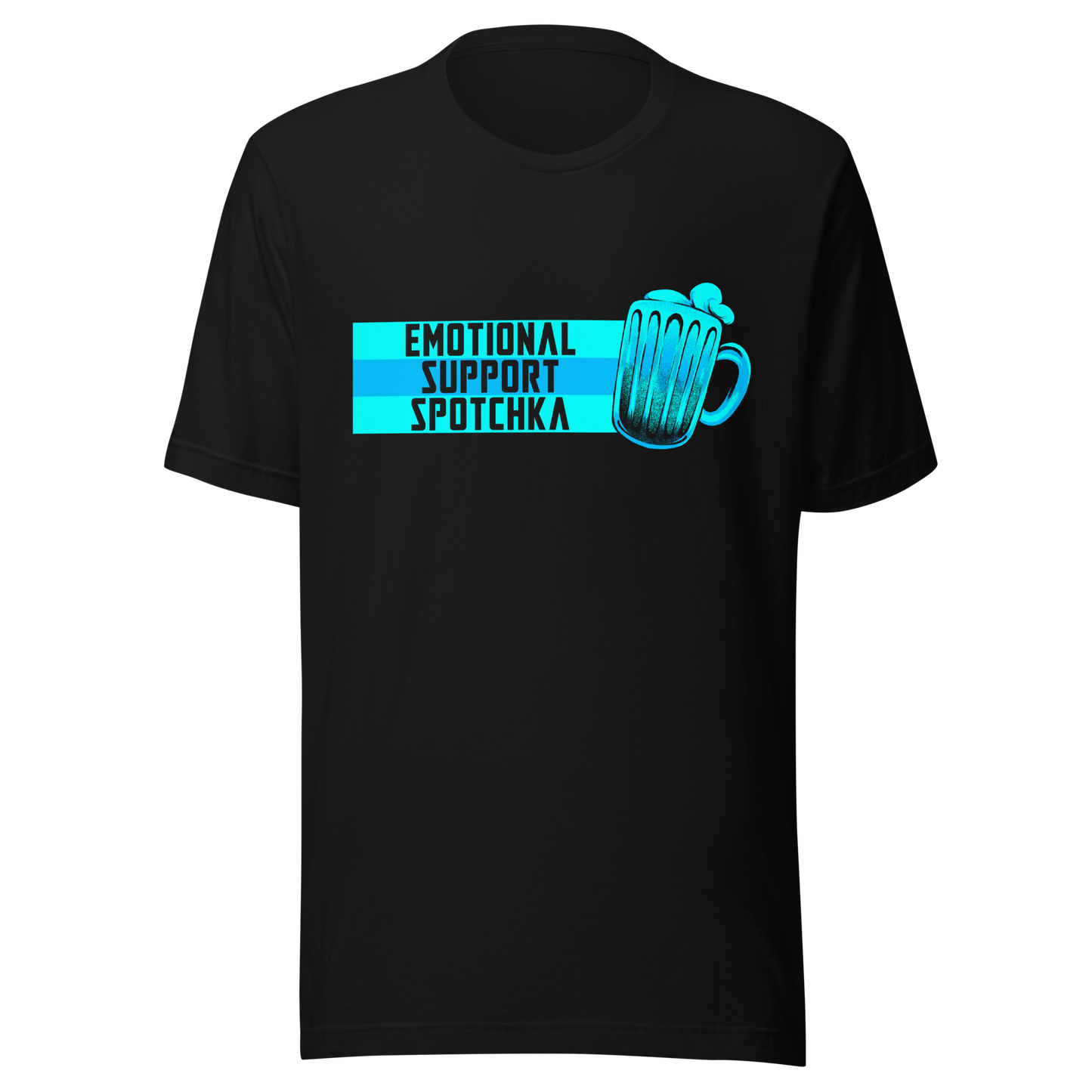 The design features a stylized mug filled with a frothy beverage, colored in vibrant shades of blue. Next to the mug, bold text reads 'EMOTIONAL SUPPORT SPOTCHKA'. The use of color and font style gives it a playful, pop-culture vibe, hinting at something fantastical or sci-fi influenced.