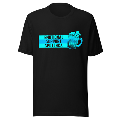 The design features a stylized mug filled with a frothy beverage, colored in vibrant shades of blue. Next to the mug, bold text reads 'EMOTIONAL SUPPORT SPOTCHKA'. The use of color and font style gives it a playful, pop-culture vibe, hinting at something fantastical or sci-fi influenced.