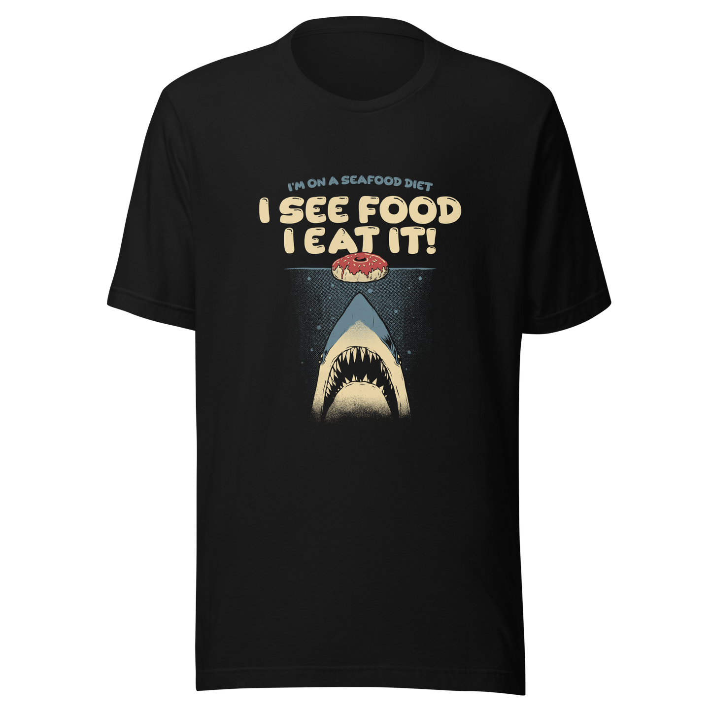 A shark rising from the water toward a floating donut, paired with playful retro typography. The artwork uses visual humor and a classic joke to create a fun, eye-catching composition with strong graphic contrast. Perfect for humor lovers, food fans, and anyone who enjoys witty designs with a slightly cheeky twist.