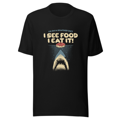 A shark rising from the water toward a floating donut, paired with playful retro typography. The artwork uses visual humor and a classic joke to create a fun, eye-catching composition with strong graphic contrast. Perfect for humor lovers, food fans, and anyone who enjoys witty designs with a slightly cheeky twist.