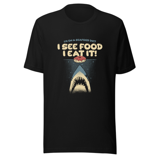 A shark rising from the water toward a floating donut, paired with playful retro typography. The artwork uses visual humor and a classic joke to create a fun, eye-catching composition with strong graphic contrast. Perfect for humor lovers, food fans, and anyone who enjoys witty designs with a slightly cheeky twist.