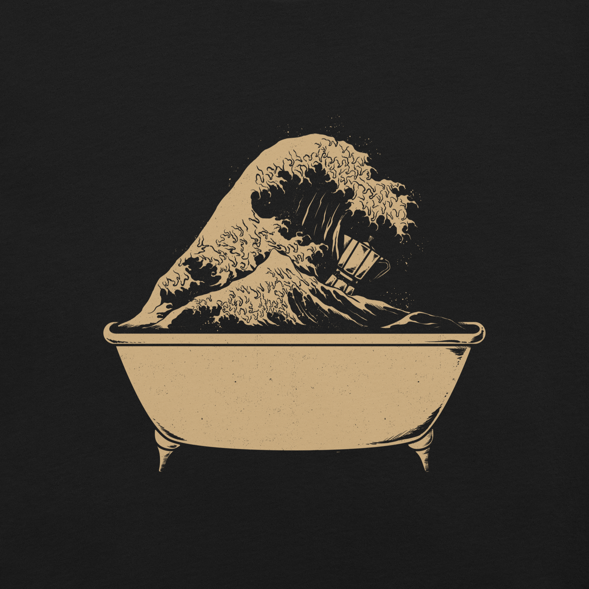 A dramatic ocean wave rises and crashes inside a classic bathtub with bold lines and a monochromatic palette. The unexpected scene plays with scale, movement and contrast, creating a visually striking and memorable composition. Ideal for art lovers, designers, and collectors who appreciate surreal imagery and strong graphic presence.