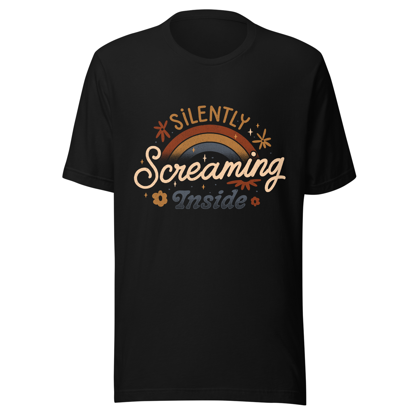 A fun and cute lettering design with a rainbow in the background and the phrase ‘Silently Screaming Inside’. The contrast between cheerful visuals and dark humour makes it perfect for those who cope with irony and sarcasm.